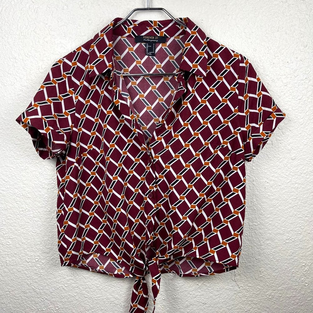 Forever 21 Contemporary Burgundy Geometric Print Button Down Top NWT